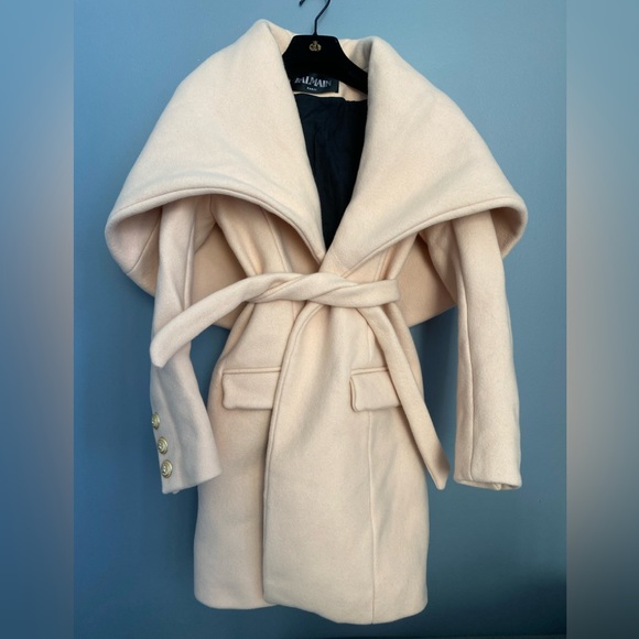 Authentic Balmain runway wool cashmere salmon pink dress cape coat XS 40 - Picture 2 of 12